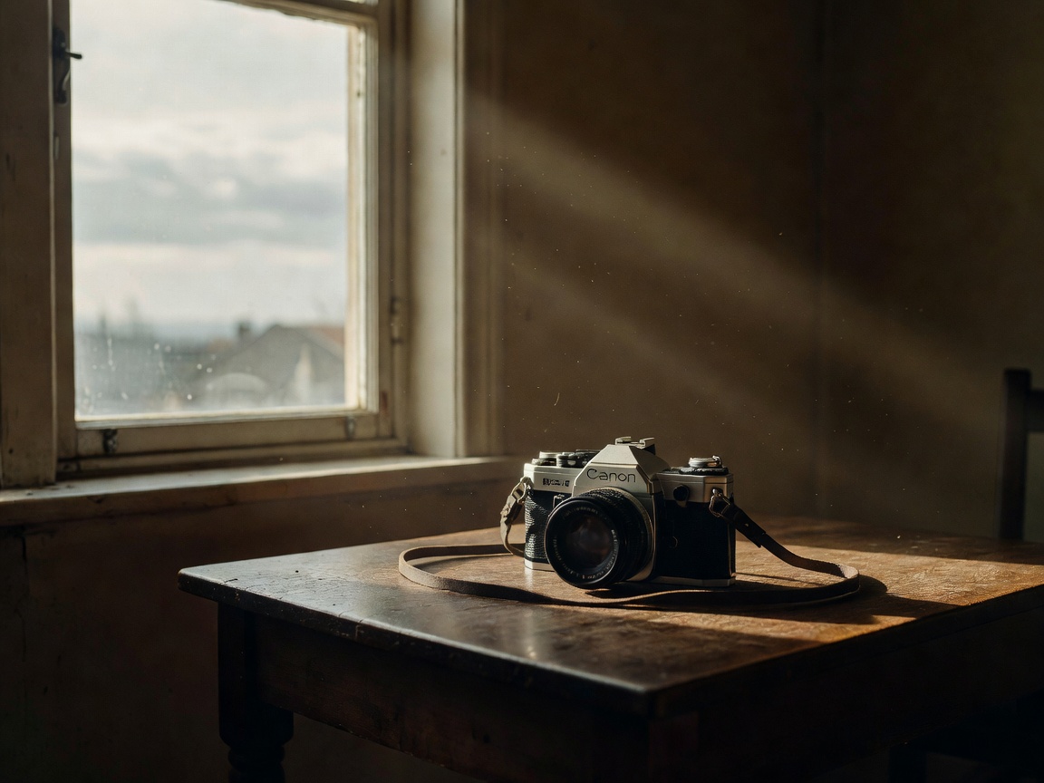 A vintage film camera resting in a dim room beside a window