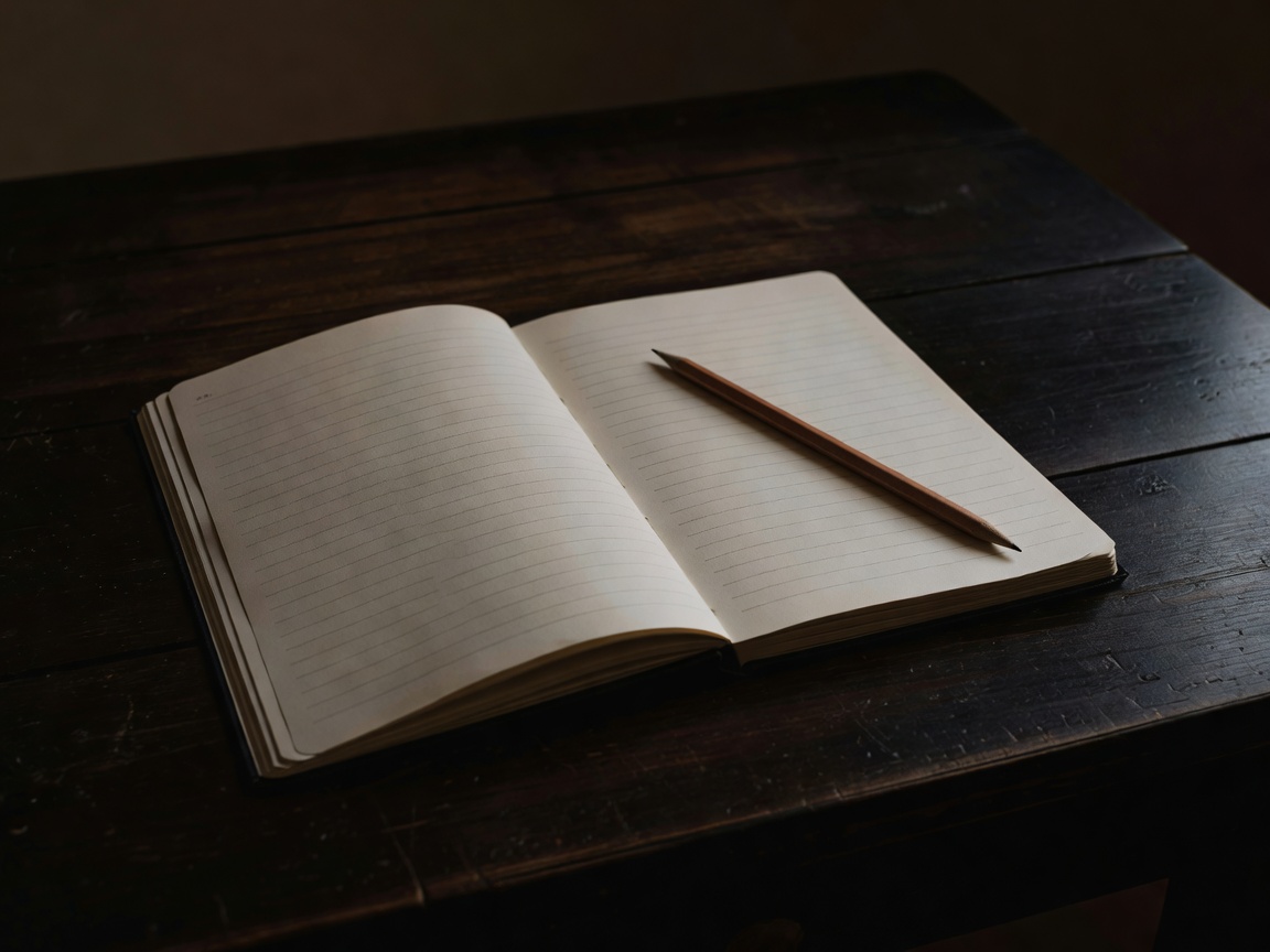 An open paper notebook and pencil on a dark wooden table